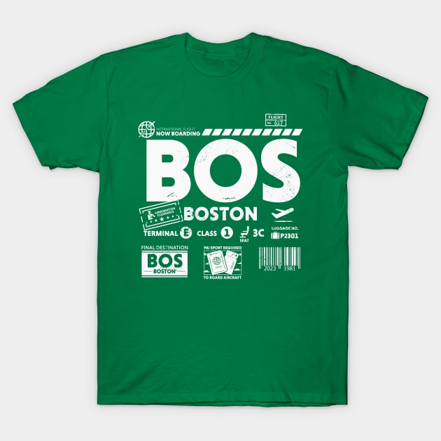 Vintage Boston BOS Airport Code Travel Day Retro Travel Tag Green T-Shirt by Now Boarding